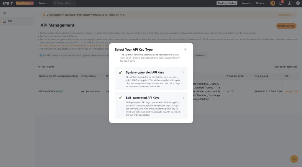 Bybit — Select System-generated API Key