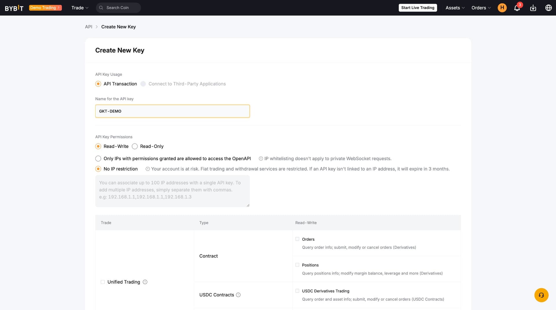Bybit — Create New Key, set Read-Write