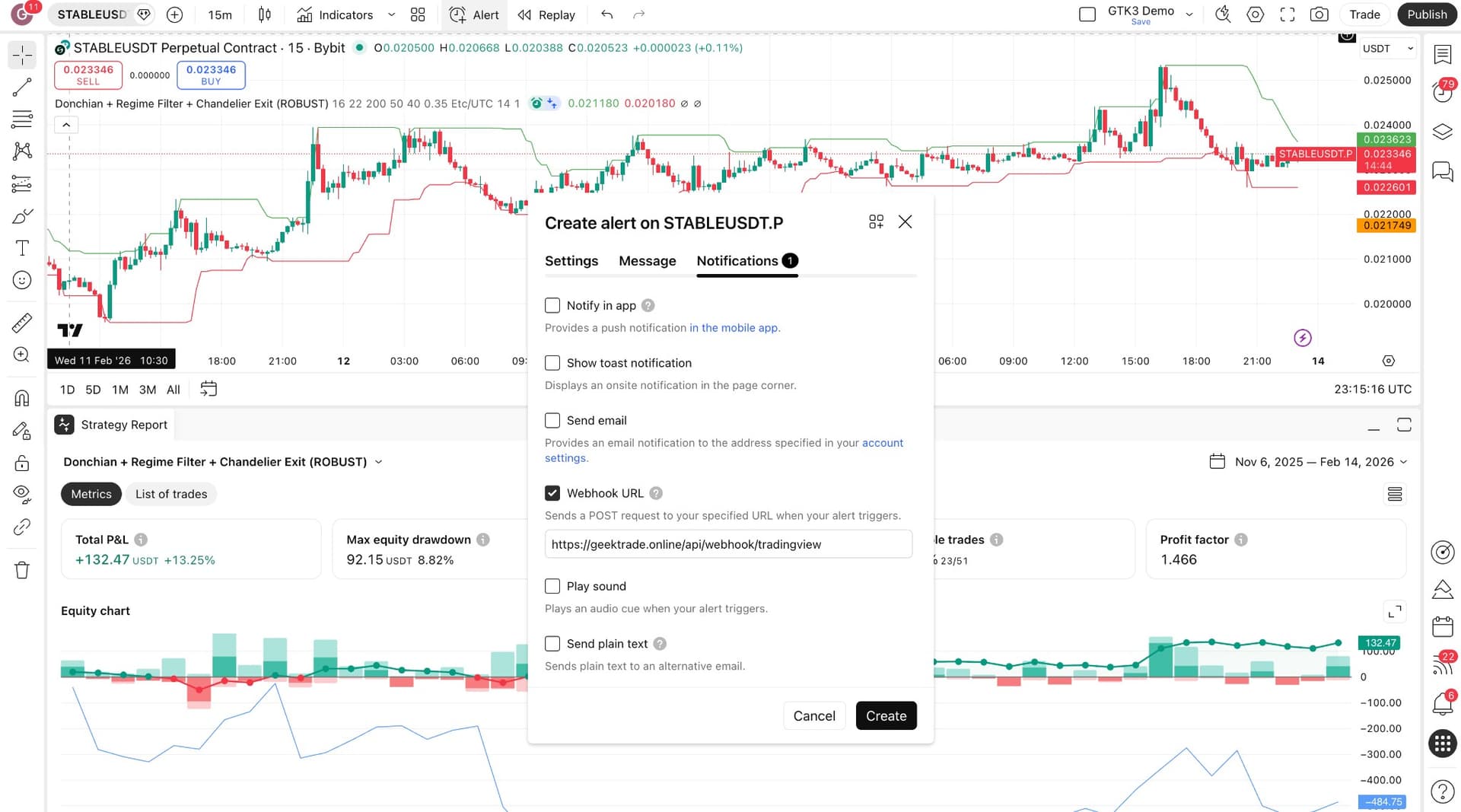 TradingView — Create alert, Webhook URL