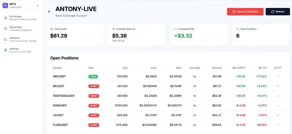 Exchange account details — equity, balance, open positions and P&L