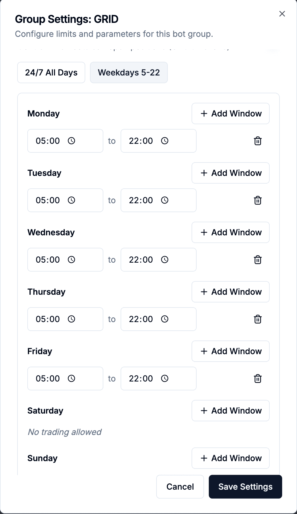 Group trading schedule — tradable hours